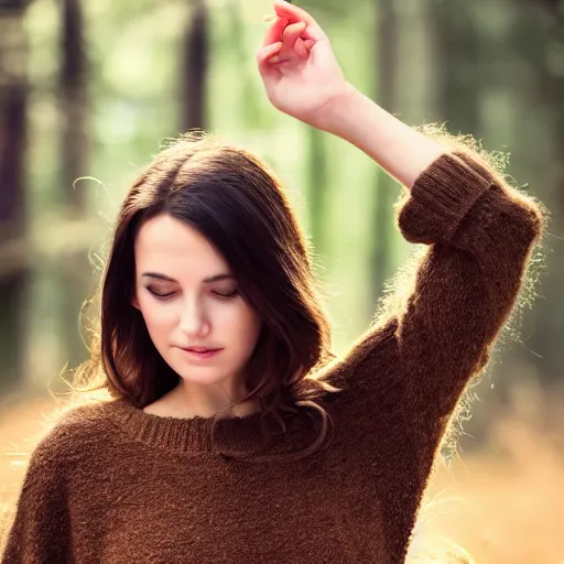 Prompt: real life photo of a beautiful girl, full body photoshoot, long brown hair, brown eyes, full round face, short smile, wool sweater belly free, forest setting, cinematic lightning, medium shot, mid - shot, highly detailed, trending on artstation, unreal engine 4 k, 8 0 mm, 8 5 mm, cinematic wallpaper