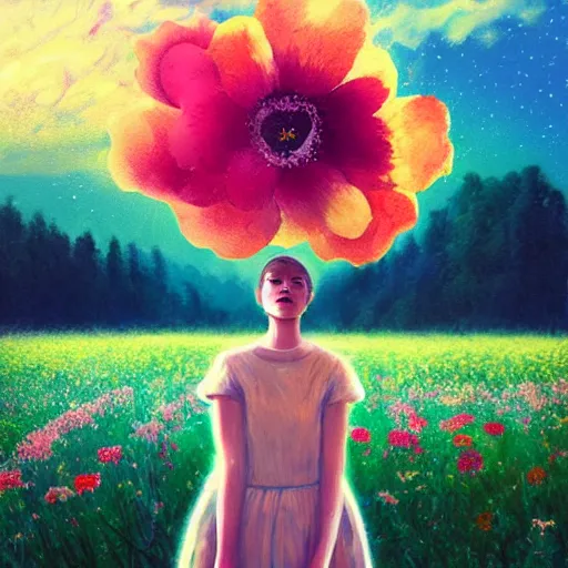 Image similar to girl with a gargantuan flower as a face, surreal photography, dream, standing in flower field, hills, big trees, sunrise dramatic light, impressionist painting, colorful clouds, digital painting, pointillism, artstation, simon stalenhag, flower face