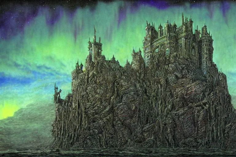 Image similar to highly detailed photoreal eldritch biomechanical castle on a cliff, aurora borealis, psychedelic by alan lee, john howe. ted naismith