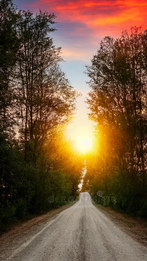 Image similar to beautiful sunset with a rural road of aligned trees, epic stock photo