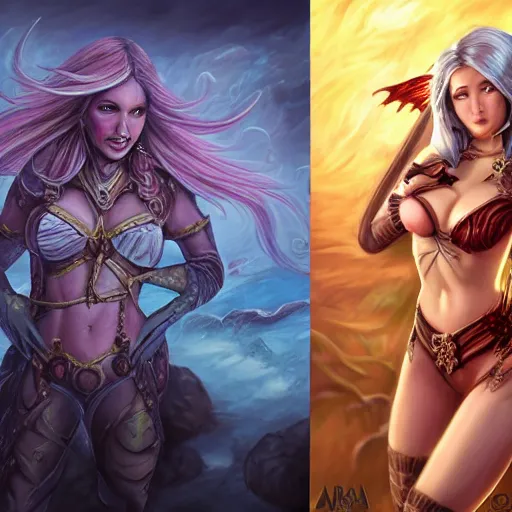 Image similar to Kaitlyn Michelle Siragusa, better known as Amouranth, full body portrait, Fantasy Magic the Gathering Card Artwork, Dungeons and Dragons, World of Warcraft, by Kevin Kev Walker, by Greg Staples, by Christopher Moeller, by Ron Spencer, by Daarken, by Carl Critchlow