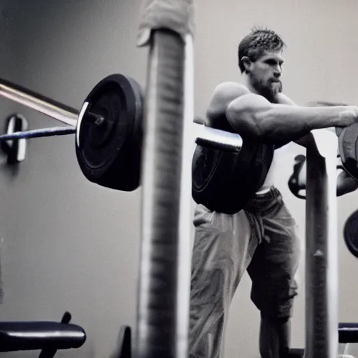 Prompt: photo of viking with armor lifting weights at the gym cinestill, 8 0 0 t, 3 5 mm, full - hd