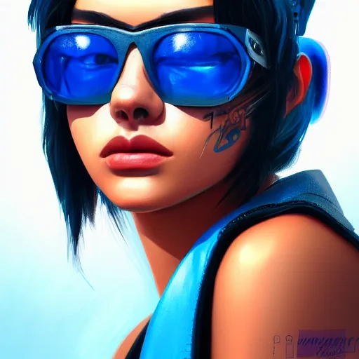 Image similar to closeup painting of a very beautiful young mexican cyberpunk woman with a smirk, wearing light blue shutter shades and a dark brown leather jacket, one side haircut, brown hair, portrait, hyperdetailed, artstation, cgsociety, 8 k, synthwave by tangerine dream