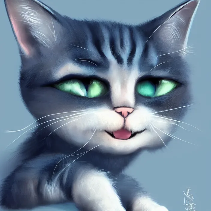 Image similar to cute cat of cheshire an adorable cat with light blue stripes, shiny eyes and a big human like playful smile. award - winning digital art, trending on artstation