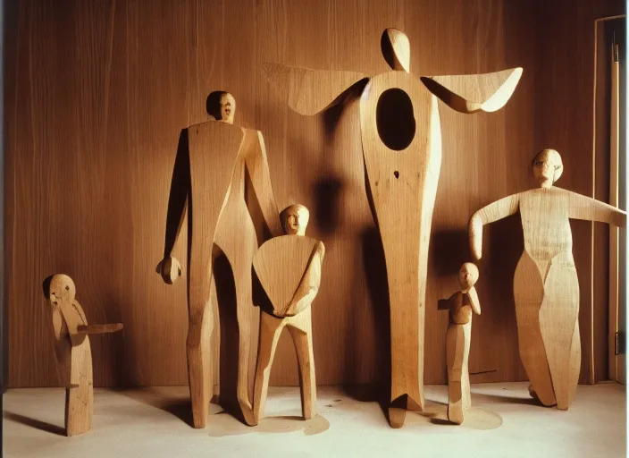 Prompt: a sculpture of a family in a shape of a bird made of wood, poorly designed in style of arte povera, fluxus, dadaism, joseph beuys, ugly standing in the wooden polished and fancy expensive wooden museum interior room 1 9 9 0, life magazine reportage photo