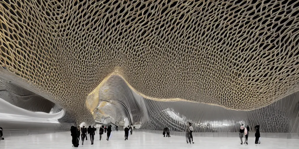 Prompt: knitting gold arch by zaha hadid architecture by giger alien