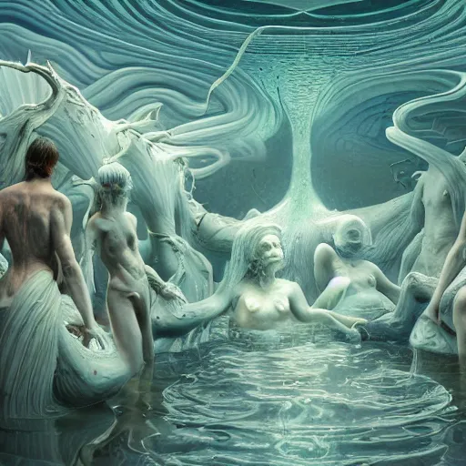 Prompt: primordial beings bathing in the milk of the ancient first ones by james jean and moebius, highly detailed, 4 k, vray, 3 d, render.