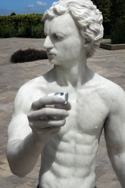 Prompt: marble sculpture of a man holding a phone to take a selfie