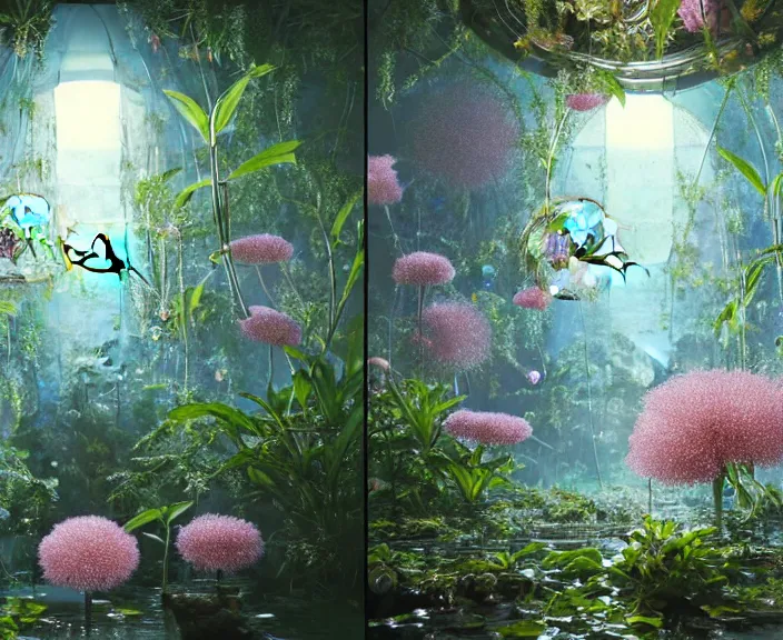 Image similar to elegance, transparent clear see - through image of many bubbles, lush botany, flowers, industrial plant environment, ultra realistic, concept art, photorealistic, octane render, 8 k, unreal engine. art by gustave dore and nori inoguchi and sam kaplan and zachary goulko and christopher marley and artgerm and alphonse mucha