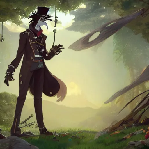 Image similar to concept art painting of an anthropomorphic crow with steampunk clothes, in the deep forest, realistic, detailed, cel shaded, in the style of makoto shinkai and greg rutkowski and james gurney