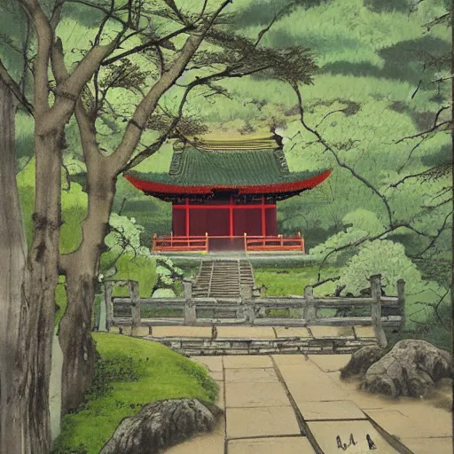 Prompt: feng zhu painting of Japanese temple and stairs leading through forest in spring