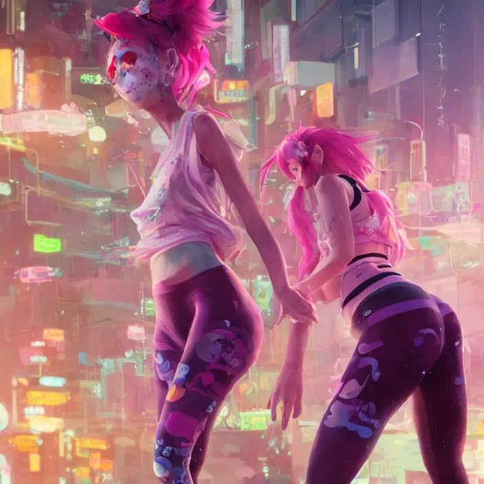 Image similar to a beautiful fullbody portrait of a cute anime girl with pink hairs barefoot wearing sport clothing and leggings under shorts in cyberpunk city. character design by cory loftis, fenghua zhong, ryohei hase, ismail inceoglu and ruan jia. artstation, volumetric light, detailed, photorealistic, fantasy, rendered in octane, rim light