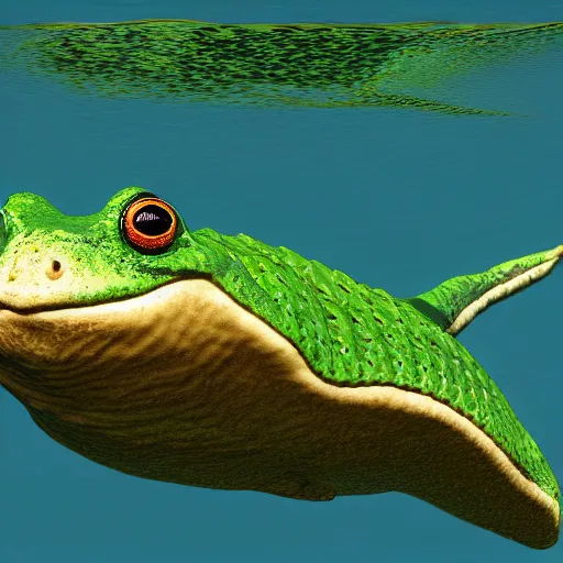 Image similar to hybrid of frog whale swimming in ocean, extremely detailed raytracing, vray, 5 5 mm
