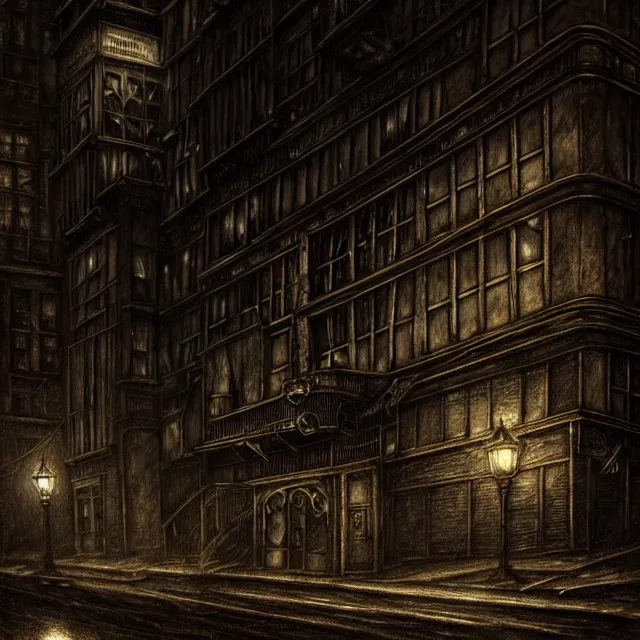 Image similar to haunted gothic hotel, 1 9 2 0 s boston overlooking a dark street, lovecraft, photorealistic, dark, atmospheric lighting, painted, intricate, ultra detailed by leesha hannigan, thierry doizon, kai carpenter, well composed, best on artstation, cgsociety, epic, stunning, gorgeous, intricate detail, wow, masterpiece