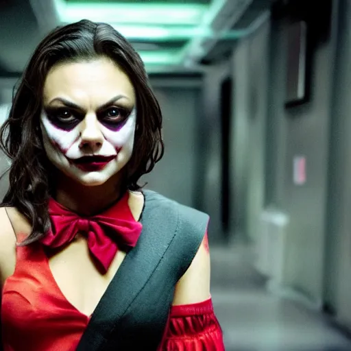 Image similar to stunning awe inspiring mila kunis as the joker, movie still 8 k hdr atmospheric lighting