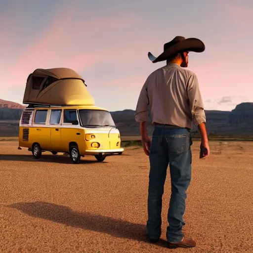 Prompt: a man wearing a cowboy hat standing by a volkswagen camper on a paved desert highway, digital painting, masterpiece, digital art, concept art, octane render, unreal engine 5, trending on deviantart, highly detailed, high quality, 4 k, realistic and detailed face, cinematic, high coherence, soft lighting, path traced, elegant,