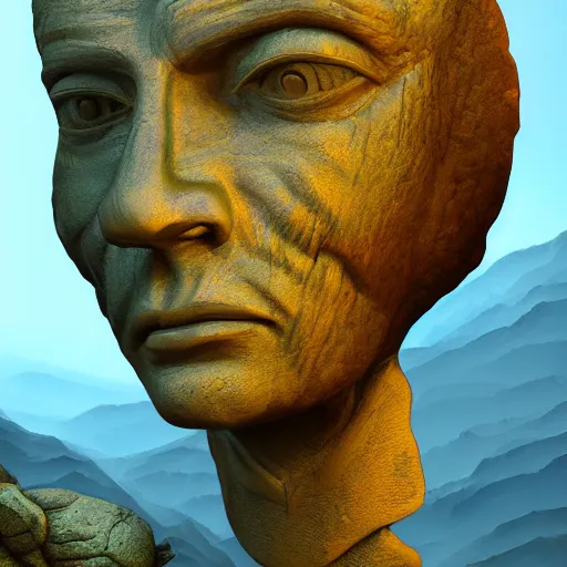 Prompt: highly detailed professional landscape painting of ancient monumental alien bust carved into the mountains trending on artstation, ultra detail, atmospheric lighting, sci - fi, futuristic, cyberpunk