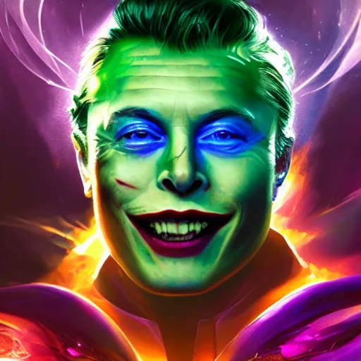 Image similar to portrait of elon musk as the joker as a spellcaster, league of legends amazing splashscreen artwork, splash art, natural light, elegant, photorealistic facial features, intricate, fantasy, detailed face, atmospheric lighting, anamorphic lens flare, cinematic lighting, league of legends splash art, hd wallpaper, ultra high details by greg rutkowski