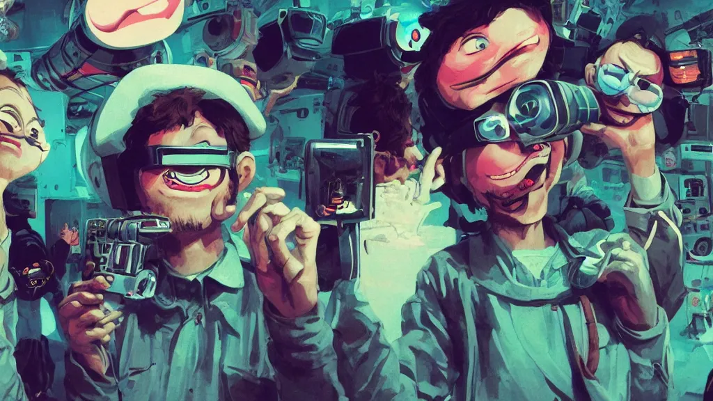 Prompt: happy drunk hacker at a party in a vr mask in a scifi movie, retrofuturism, by jamie hewlett, nuri iyem, james gurney, james jean, greg rutkowski, anato finnstark. pixar. hyper detailed, 5 0 mm, perfect faces