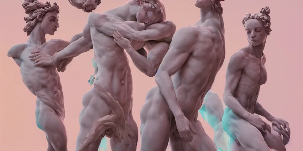 Image similar to greek sculpture of intertwined bodies painted in pastel colors. artwork by James Jean and Tooth Wu and wlop and beeple and greg rutkowski and nekroxiii. octane render, cinematic, hyper realism, redshift render, 8k, depth of field, iridescent accents