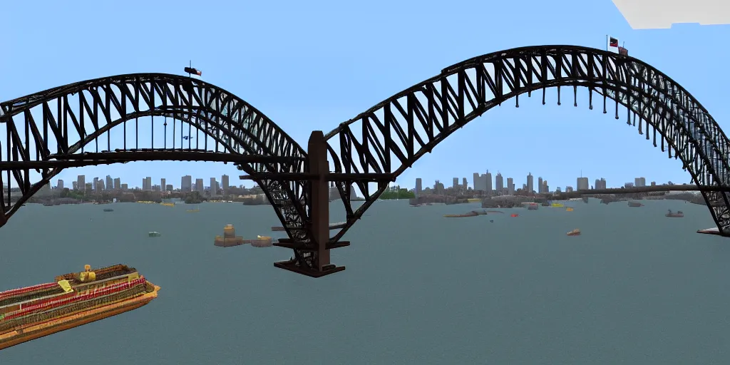 Prompt: Sydney Harbour Bridge made in Minecraft