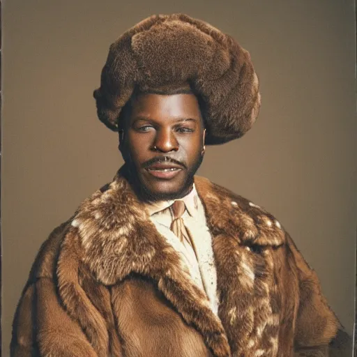 Prompt: a portrait of an african american man wearing a brown fur coat, white shirt that is covered in bees and has a hook for a hand