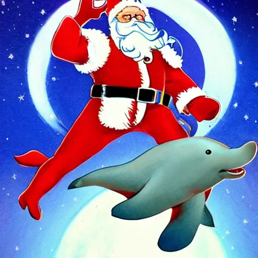 Image similar to santa riding a dolphine with a spacesuit on