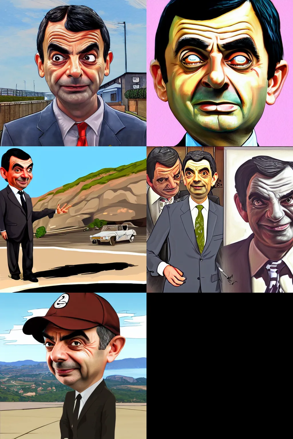 Prompt: painting of mr bean in the art style of gta 5, art by patrick brown, cell shading