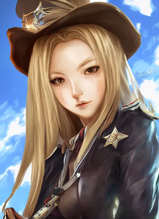 Image similar to full size persona, female sheriff, global lighting, detail, ultra sharpness, beautiful female, detailed face, art by huyy nguyen, by anime style