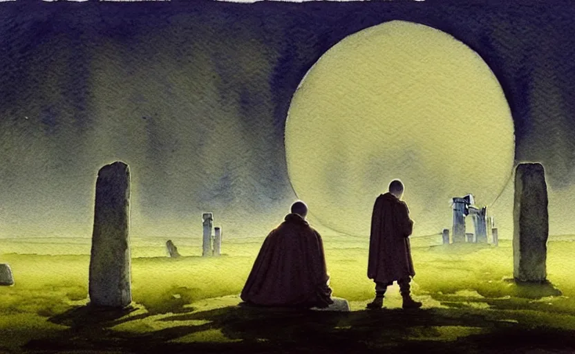 Image similar to a hyperrealist watercolour character concept art portrait of one small grey medieval monk kneeling down in prayer in front of a floating portal above a complete stonehenge monument on a misty night. a ufo is in the sky. by rebecca guay, michael kaluta, charles vess and jean moebius giraud