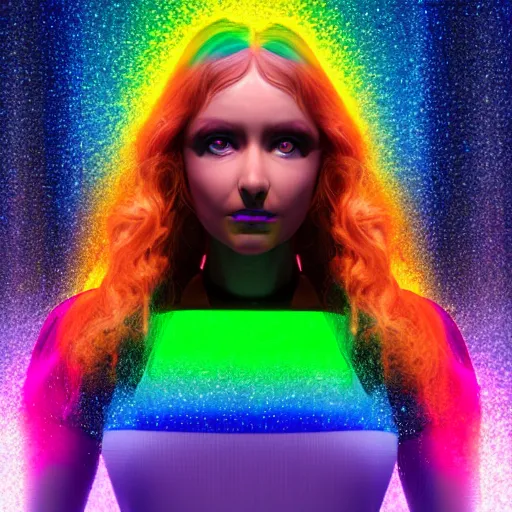 Prompt: A head and shoulders portrait of a Prismatic Spectrum Cosmic Magical Girl from the Rainbow Sky Paradise playing Dance Dance Revolution at Eurovision and Tomorrowland, full round face, beautiful piercing symmetric eyes, slight smirk, medium shot, lit by flashing pixel light, ambient occlusion, DAZ, cinematic lighting, 3D render, glowing neon, unreal engine 5