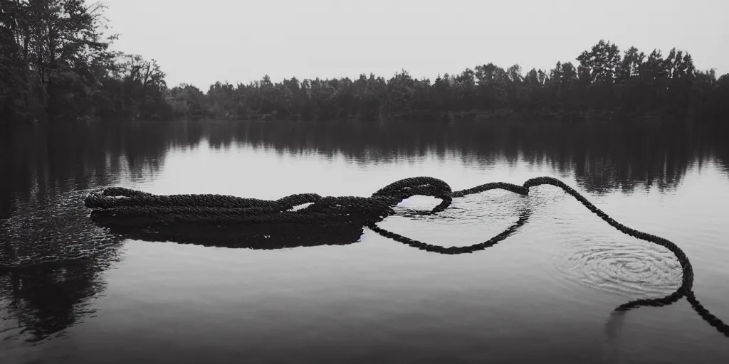 Prompt: symmetrical photograph of an infinitely long rope submerged on the surface of the water, the rope is snaking from the foreground towards the center of the lake, a dark lake on a cloudy day, trees in the background, moody scene, dreamy anamorphic lens