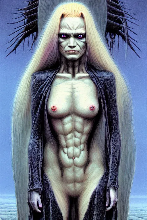 Image similar to female demon in the wild nature, dressed, blonde hair, symmetry, sci - fi, dark fantasy, by wayne barlowe