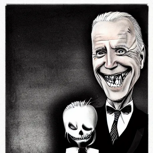 Image similar to grunge drawing of joe Biden in the style of jack skellington and Jacob Shaw,creepy, surreal, trending on artstation