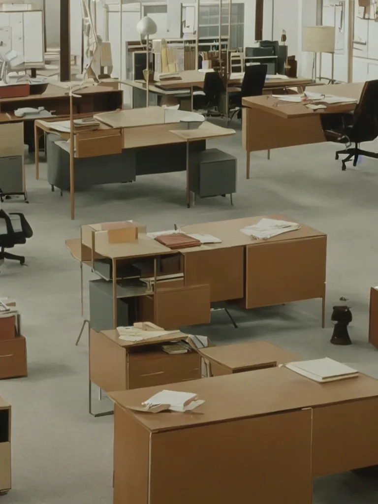 Prompt: a still of severance series ( 2 0 2 2 ) indoor 7 0 s furniture office scenario appearing in a film of jacques tati