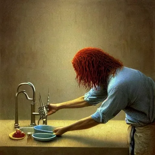 Image similar to Johny Depp washing dishes by Zdzislaw Beksinski