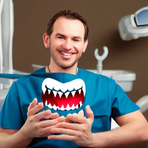 Prompt: dentist with large, giant teeth, fangs