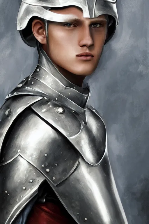 Image similar to a blonde male teenager wearing a silver plate armor, digital painting, digital art, oil painting, masterpiece, realistic and detailed face, profile picture, realistic, highly detailed, high quality, symmetrical, low contrast, trending on deviantart, soft colors, soft lighting, face portrait, beautiful, elegant, castle in the background, bokeh, oil painting