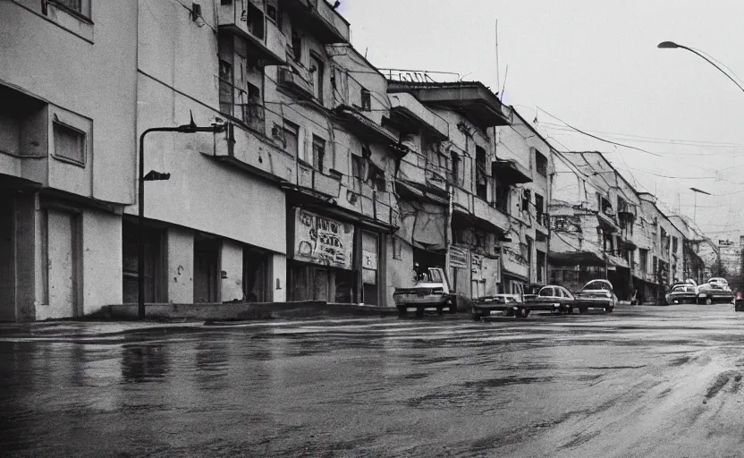 Prompt: 70s movie still of a soviet street from Sarajevo with cars and pedestrian , Cinestill 800t 18mm black and white, heavy grainy picture, very detailed, high quality, 4k panoramic, cinematic, neon billboards at night, rain, mud