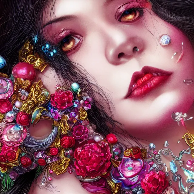Prompt: studio portrait absurdly beautiful, elegant, graceful, young hypercolorful sensual gravure idol rubies red petals gems, ultrafine hyperrealistic detailed face illustration by kim jung gi, irakli nadar, intricate linework, sharp focus, bright colors, matte, octopath traveler, final fantasy, unreal engine highly rendered, global illumination, radiant light, intricate rainbow environment