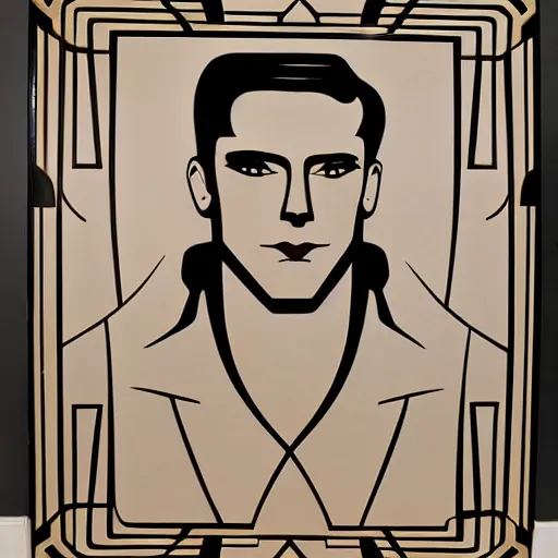 Prompt: a beautiful art deco wall mural of a handsome man, symmetrical, elegant