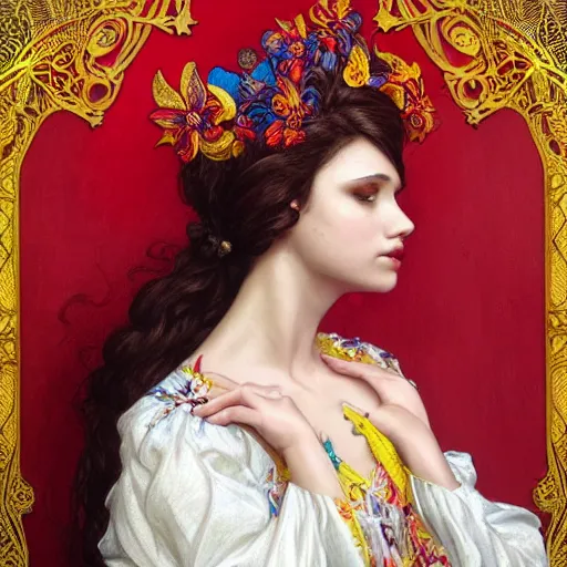 Image similar to beautiful brunette lady in white embroidered shirt, national costume of venezuela, filigree crown with red, blue and yellow textile orchid flowers, intricate, elegant, digital painting, art nouveau, soft, soft, focus, edge light, charlie bowater, tom bagshaw, greg rutkowski