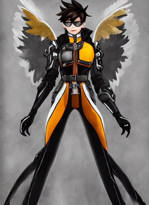 Prompt: full body artwork of tracer overwatch wearing leather collar, angel wings, dramatic painting, symmetrical composition, wearing detailed leather collar, black shiny armor, chains, black harness, detailed face and eyes,