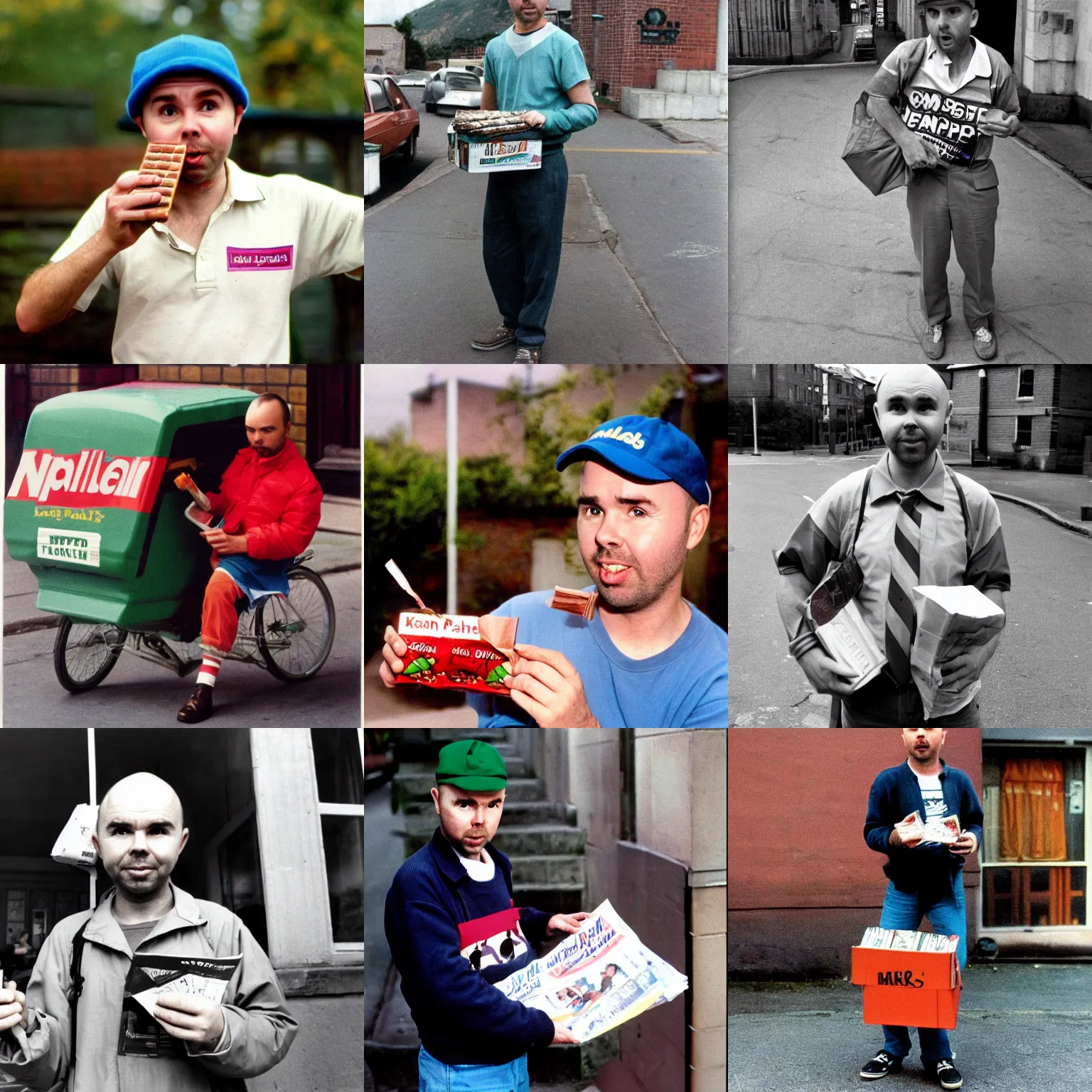 Prompt: karl pilkington as a newpaper delivery boy, eating mars bar candy, color, 1 9 8 7