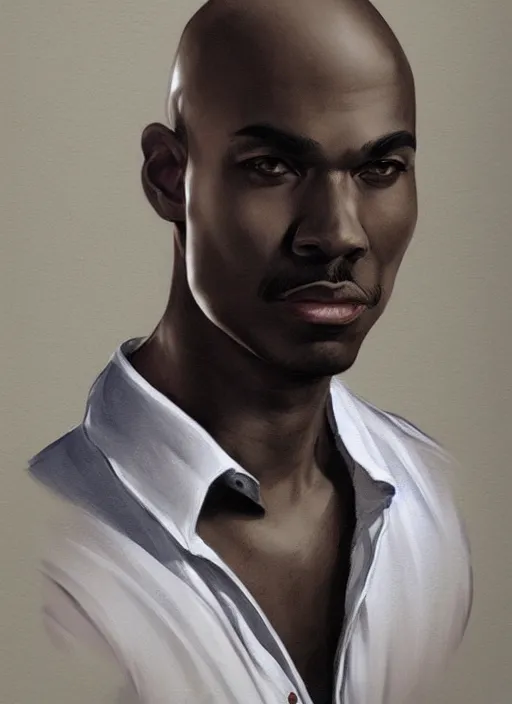 Prompt: portrait of handsome bald african american male, wearing a simple black vest and white shirt, centered, digital painting, artstation, concept art, smooth, sharp focus, illustration, art by artgerm and donato giancola and leyendecker