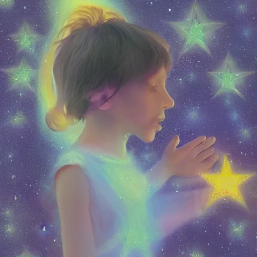 Prompt: ethereal poparoid portrait of a child creating a star