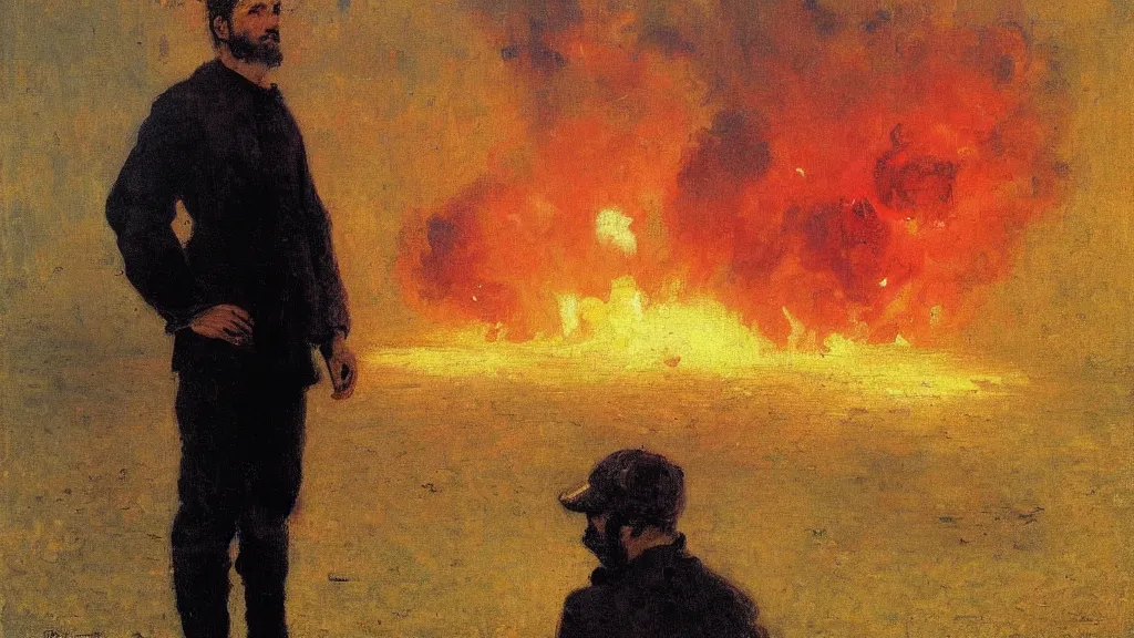 Prompt: high quality high detail painting by ilya repin, man standing in front of huge explosion, hd