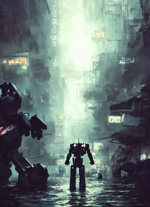 Prompt: dramatic Photorealistic, Matte Painting of a gigantic Mobile suit Mech standing in a busy post apocalyptic deep flooded Hong Kong city street at night,dark Tall buildings by Greg Rutkowski,Craig Mullins,Hyperrealism,Beautiful dramatic moody lighting,Cinematic Atmosphere,volumetric,Octane Rendering,8K