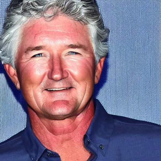 Image similar to patrick duffy, he has very long length straight grey hair, wearing a white shirt