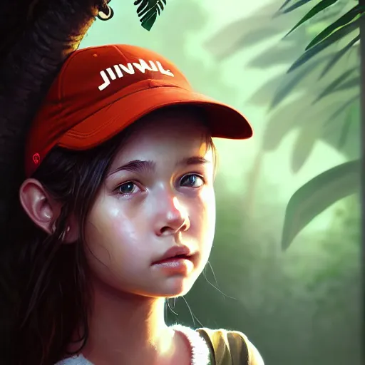 Prompt: portrait of cute young girl, wearing baseball cap, lonely, jungle clothing, survivor, jungle setting, bokeh, sharp focus, character art, illustration, digital painting, trending on artstation, greg rutkowski.